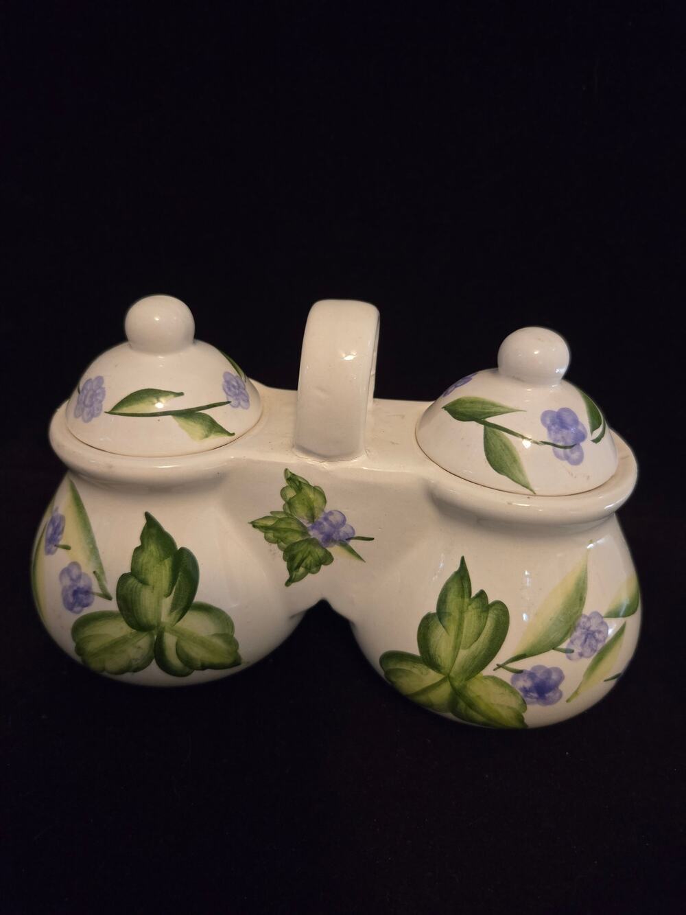 Vintage Designpac Inc Ceramic Double Condiment Server Jam Jelly Pot Lidded Jar